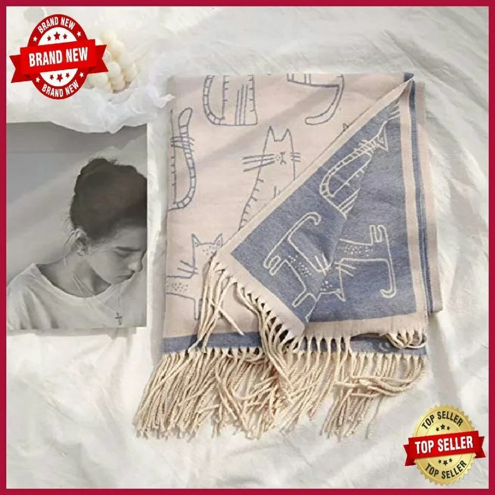 Cashmere Feel Fringed Scarf Winter Shawl Wrap Double-Sided Warm